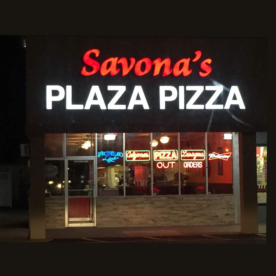 Savona's Plaza Pizza storefront at night, Plaza Rd, Kingston